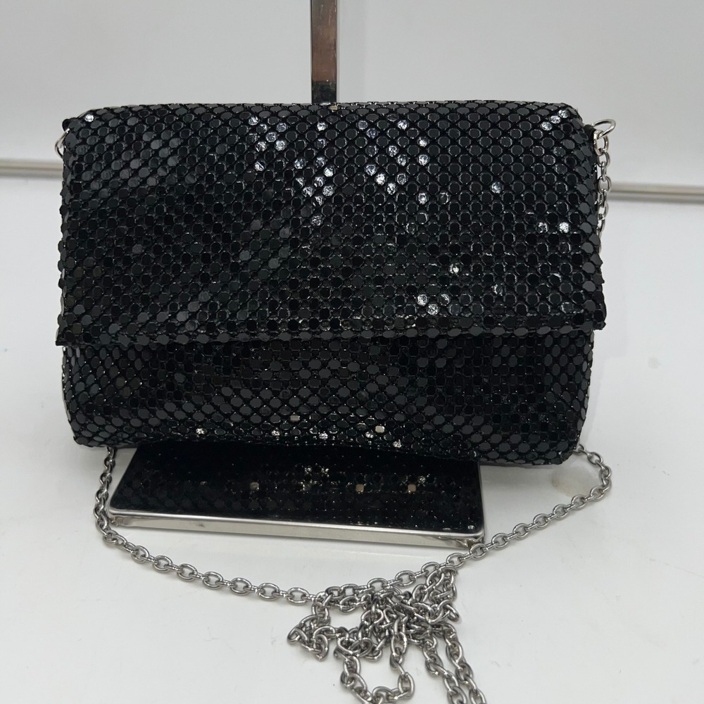 Jessica McClintock Black Mesh Evening Clutch Silver Chain Strap